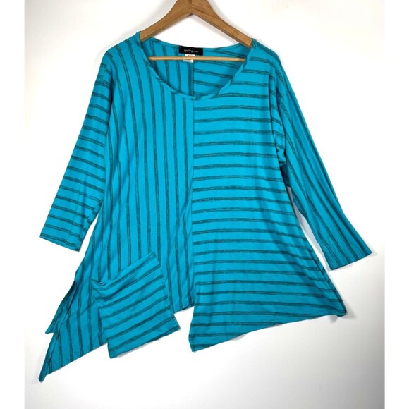 Yushi Tops - Yushi Tunic Top Womens Large Blue Stripe Asymmetrical Hem Bamboo Blend Artwear